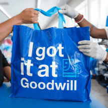 Two people holding a goodwill tote close up