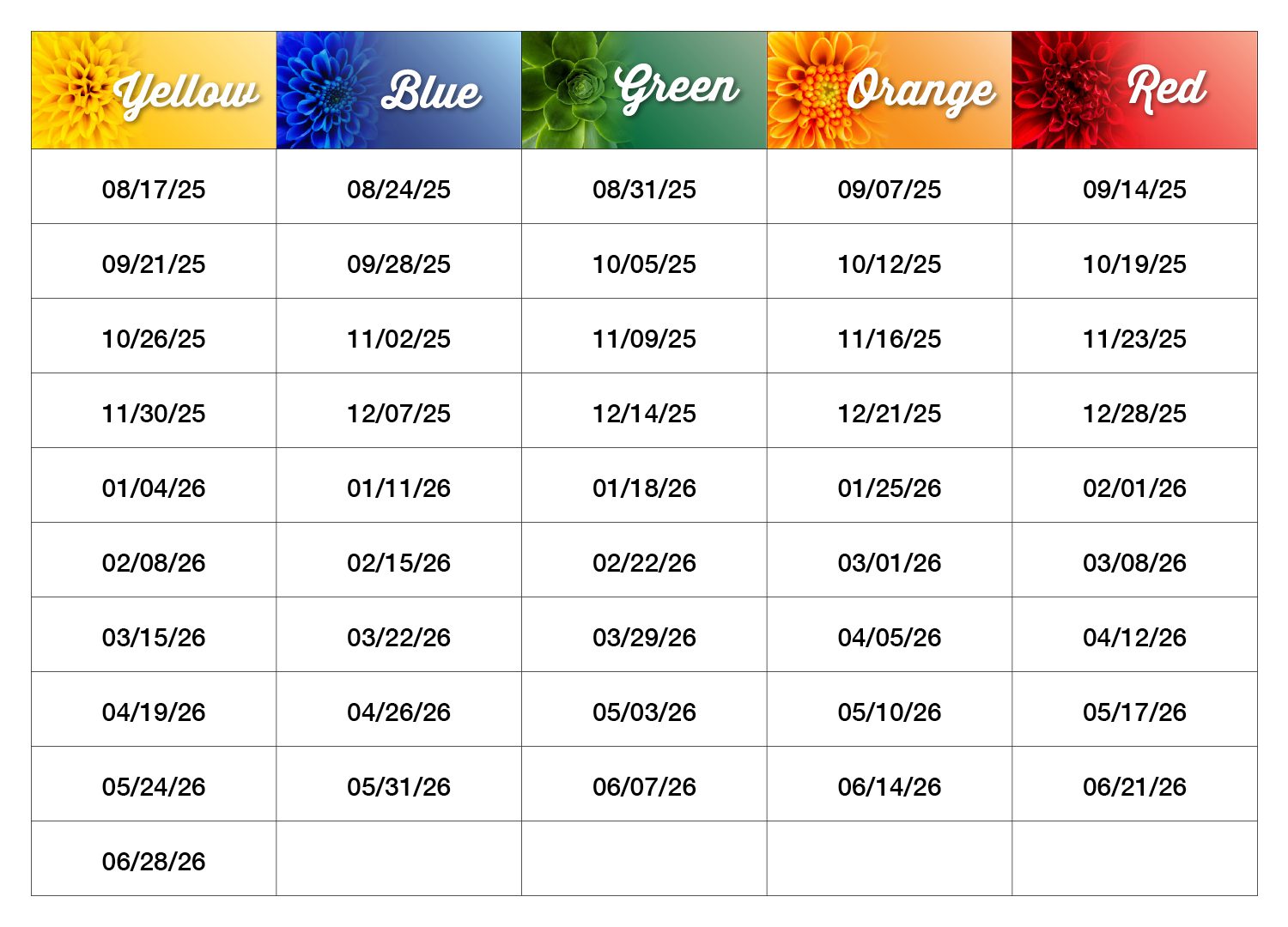 Color of the week table 2 Color of the week table 2