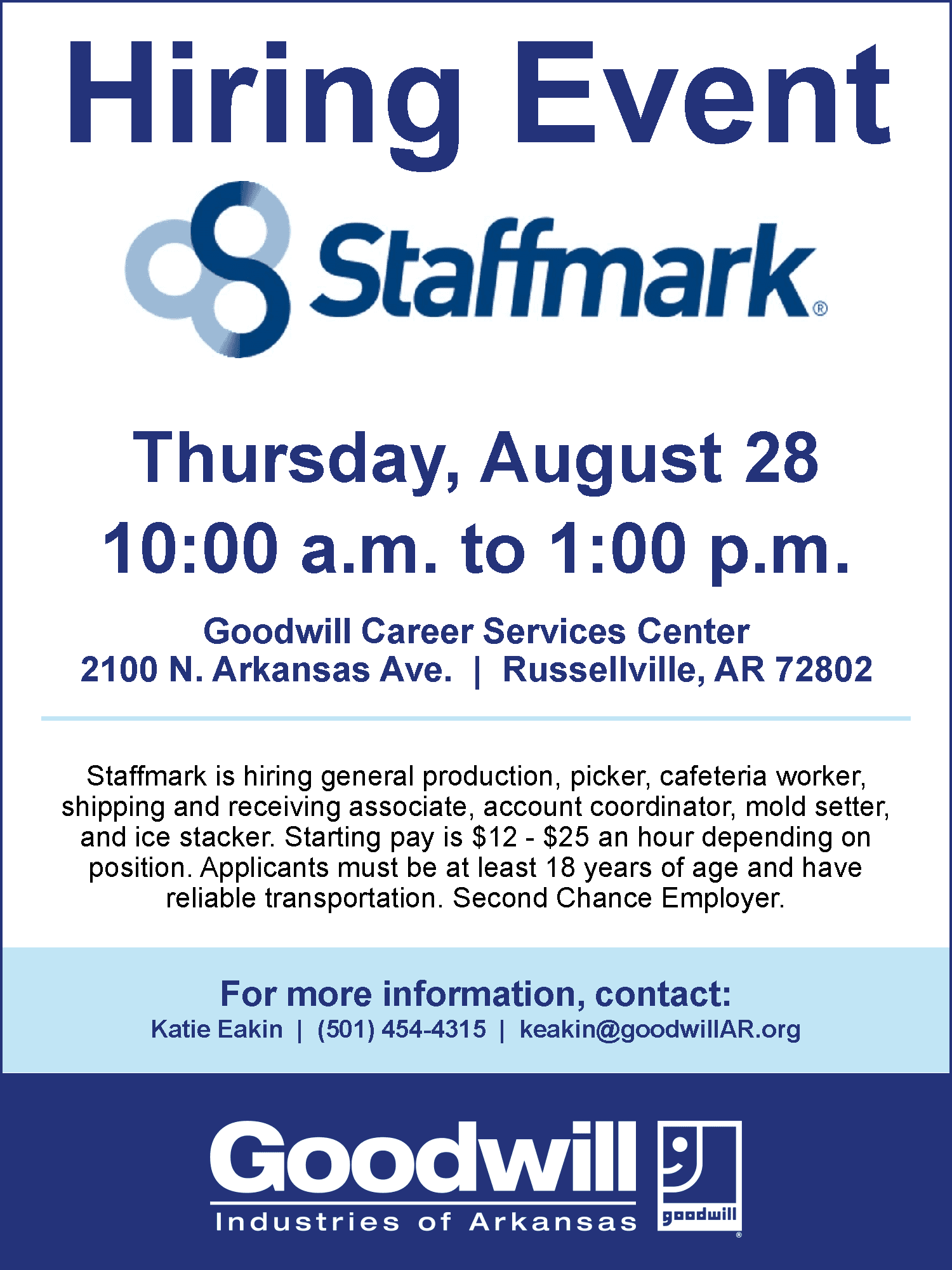 Hiring event flyer russellville staffmark 8 28 25