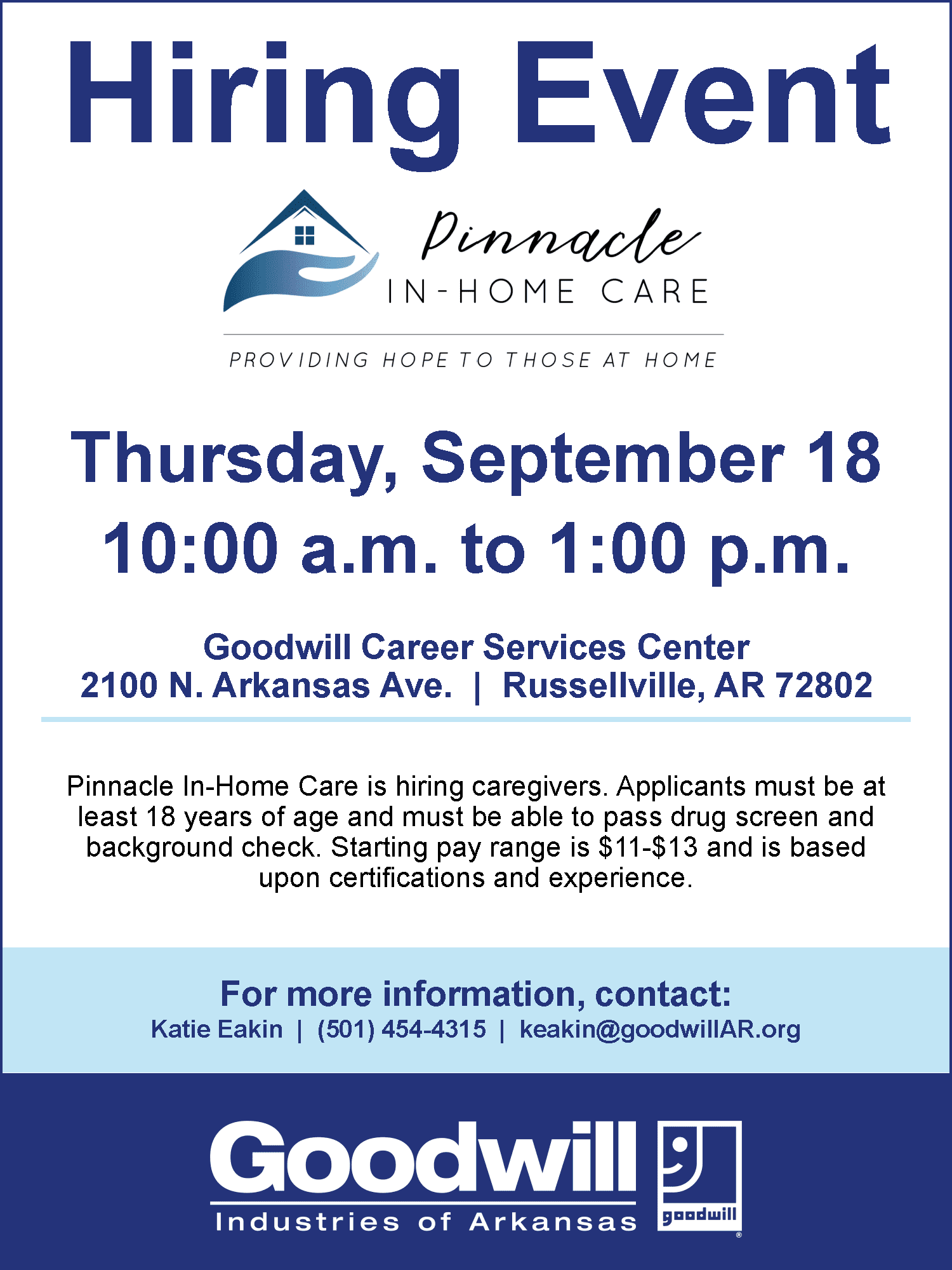 Hiring event flyer russellville pinnacle in home care 9 18 25
