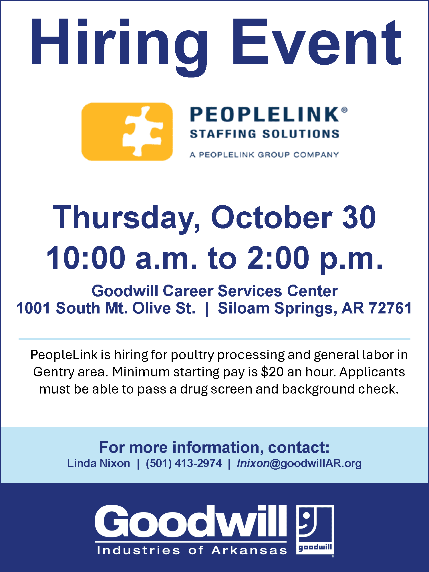 Hiring event flyer siloam springs peoplelink 10 30 25