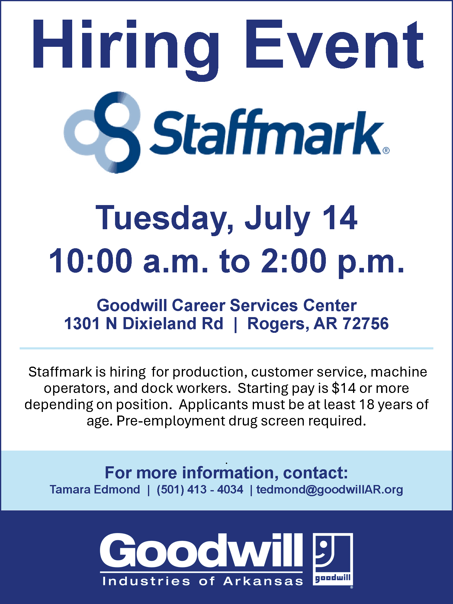 Hiring event flyer nwa grc staffmark 7 14 26