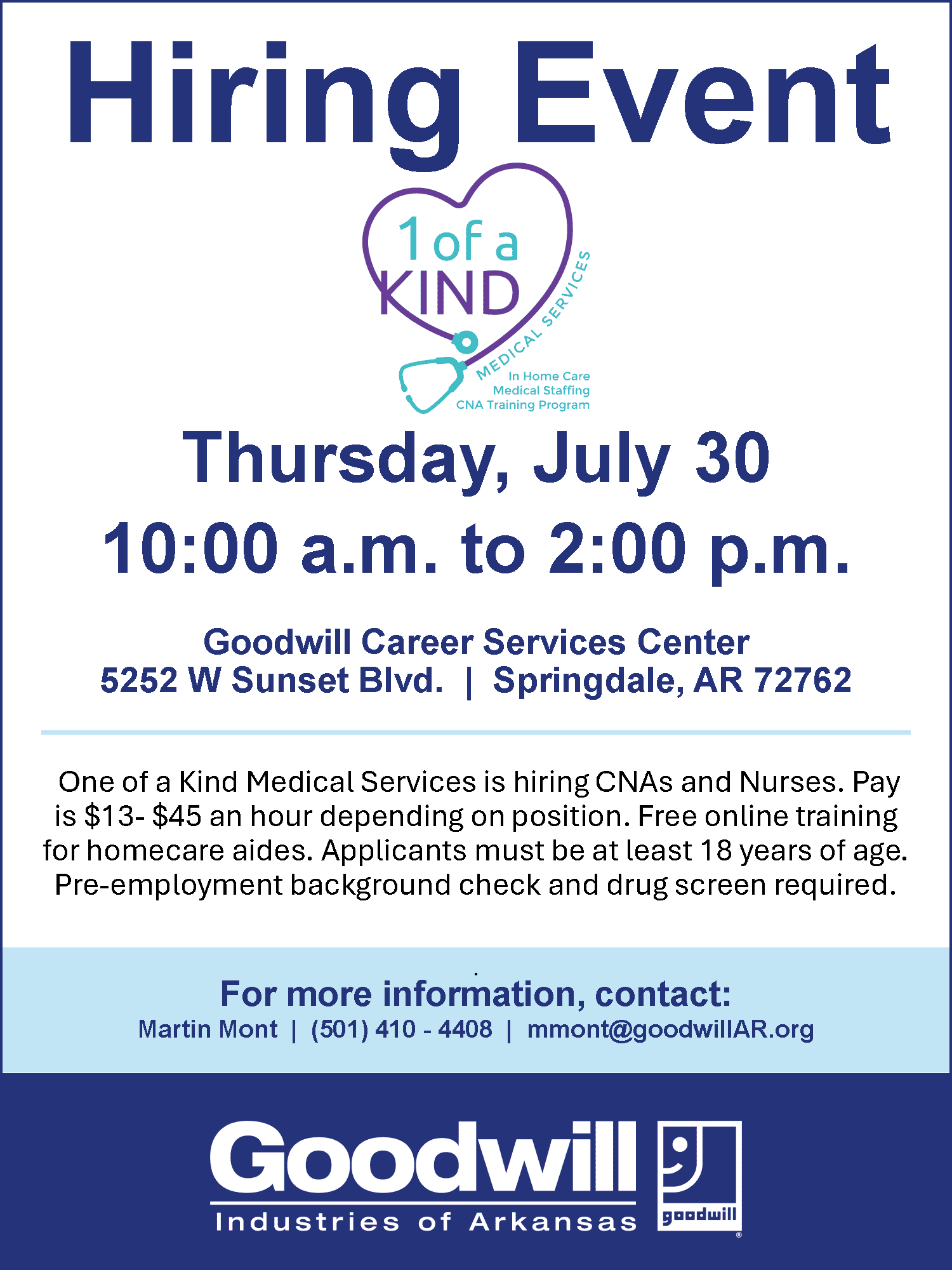 Hiring event flyer springdale one of a kind medical 6 30 26